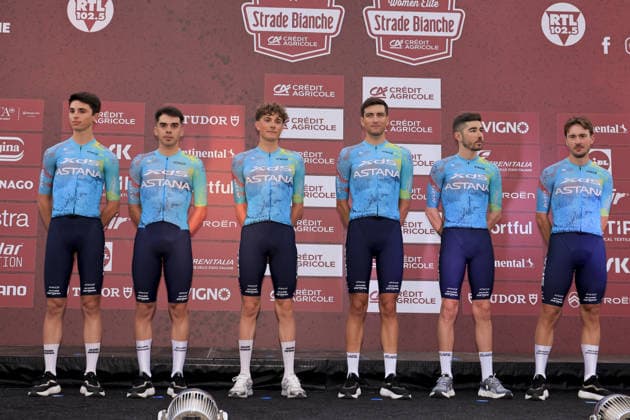 XDS Astana Team, during the Strade Bianche Credit Agricole 2026, Teams presentation, cyling event on 6 March 2026 in Siena, Italy during Strade Bianche 2026, Street Cycling race in Siena, Italy, March 07 2026  Copyright: xStefanoxCavasino IPAxSportx xipa-agency.netx xx IPA_72469982 IPA_Agency_IPA72469982