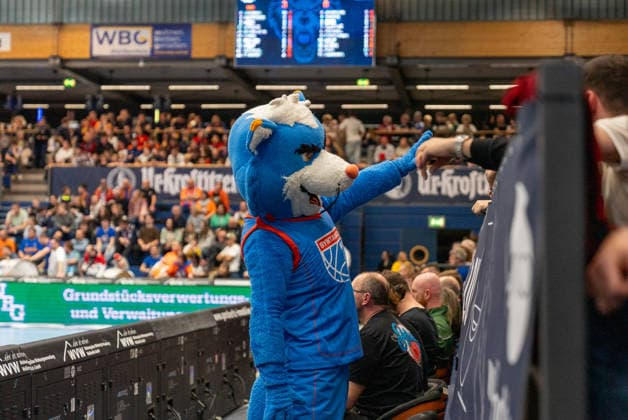 the Weissenfels mascot interacting with fans Syntainics MBC vs Skyliners Frankfurt, Basketball, 1 Basketball Bundesliga, 22 Matchday, Season 2025 2026, 06 03 2026 Syntainics MBC vs Skyliners Frankfurt, Basketball, 1 Basketball Bundesliga, 22 Matchday, Season 2025 2026, 06 03 2026 Weissenfels Copyright: xEibner-Pressefoto PiaxSchindlerx EP_PSR