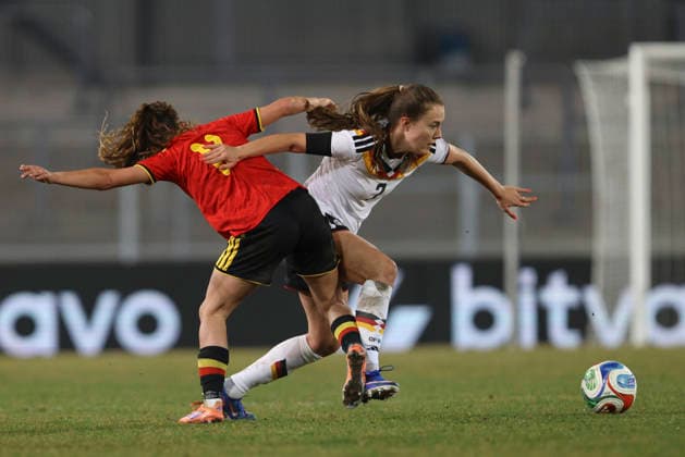 Jasmien Mathys Belgium and Dilara Acikgöz Germany in a duel during the match between Germany U23 and Belgium U23, Lohrheidestadion on 06 March 2026 in Bochum, Germany Photo by Oliver Kaelke DeFodi Images Jasmien Mathys Belgium and Dilara Acikgöz Germany battle for the ball during the match between Germany and Belgium at Lohrheidestadion on March 6, 2026 in Bochum, Germany Photo by Oliver Kaelke DeFodi Images DFL regulations prohibit any use of photographs as image sequences and or quasi video Photo by Oliver Kaelke DeFodi Images