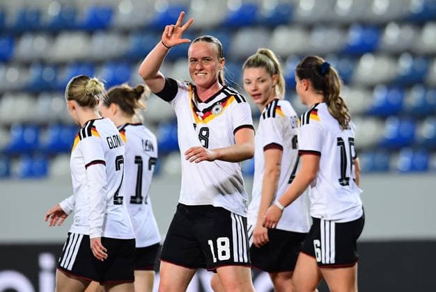 Soccer Women U23 international Germany Belgium on 06 03 2026 at Lohrheidestadion in Bochum Wattenscheid Luca Birkholz Germany is happy about the 4 2 DFB regulations prohibit any use of photographs as image sequences and or quasi video Nordrhein Westfalen Germany