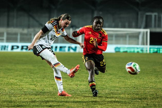 Sport, Football, U23 Womens National Team Season 2025 2026 International match Germany U23 Belgium U23 06 03 2026, Lohrheidestadion Sarah Mattner Trembleau Germany, 22 Welma Fon Belgium, 22 Bochum Wattenscheid Lohrheidestadion North Rhine-Westphalia Germany