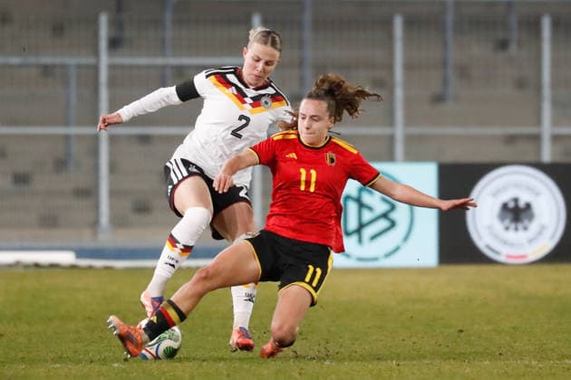 Wattenscheid, Germany 06 March 2026 Womens U23 international match 2025 2026 Germany v Belgium Pictured from left in a duel Jasmin Gloning Germany and Jasmien Mathys Belgium Lohrheidestadion Nordrhein Westfalen Copyright: xFotostandx xvanxderxVeldenx