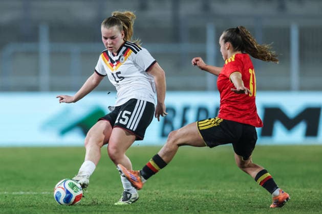 Soccer Women U23 international match Germany Belgium on 06 03 2026 at Lohrheidestadion in Bochum Svea Stoldt Germany , left Jasmien Mathys Belgium , right DFB regulations prohibit any use of photographs as image sequences and or quasi video xJRx