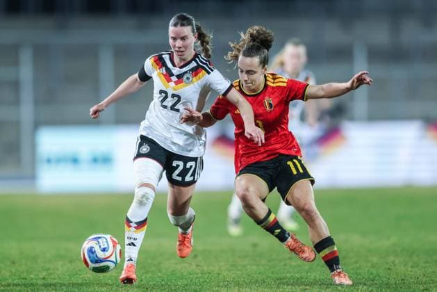 Soccer Women U23 international match Germany Belgium on 06 03 2026 at Lohrheidestadion in Bochum Sarah Mattner Trembleau Germany , left Jasmien Mathys Belgium , right DFB regulations prohibit any use of photographs as image sequences and or quasi video xJRx