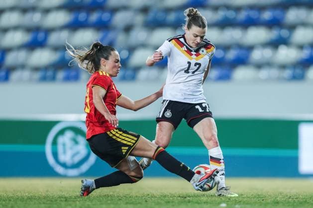 Soccer Women U23 international match Germany Belgium on 06 03 2026 at Lohrheidestadion in Bochum Gaelle Nierynck Belgium , left Nastassja Lein Germany , right DFB regulations prohibit any use of photographs as image sequences and or quasi video xJRx