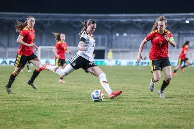 Soccer Women U23 international match Germany Belgium on 06 03 2026 at Lohrheidestadion in Bochum Fran Meersman Belgium , left Sarah Mattner Trembleau Germany , center Alixe Bosteels Belgium , right DFB regulations prohibit any use of photographs as image sequences and or quasi video xJRx