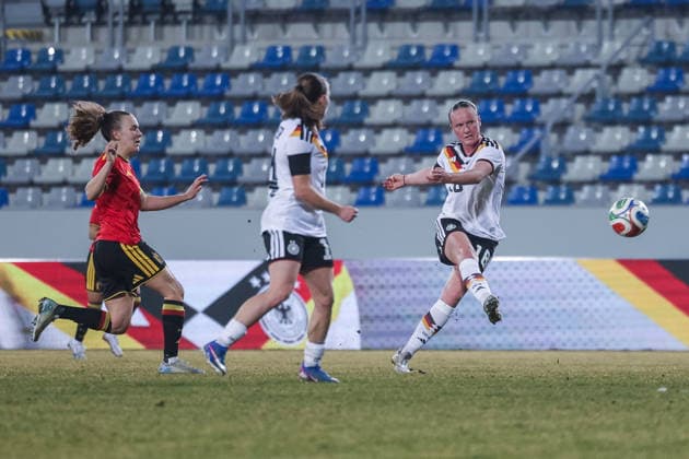 Soccer Women U23 international match Germany Belgium on 06 03 2026 at Lohrheidestadion in Bochum Luca Birkholz Germany scores the 3 2 DFB regulations prohibit any use of photographs as image sequences and or quasi video xJRx