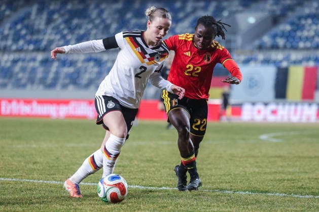 Soccer Women U23 international match Germany Belgium on 06 03 2026 at Lohrheidestadion in Bochum Laura Gloning Germany , left Welma Fon Belgium , right DFB regulations prohibit any use of photographs as image sequences and or quasi video xJRx