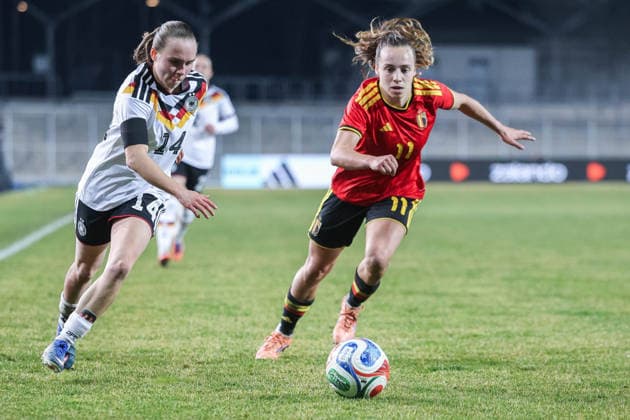 Soccer women U23 international match Germany Belgium on 06 03 2026 at Lohrheidestadion in Bochum Marie Steiner Germany , left Jasmien Mathys Belgium , right DFB regulations prohibit any use of photographs as image sequences and or quasi video xJRx