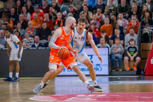 1 Basketball Bundesliga, easyCredit BBL, Season 2025 2026, Men, Main Round, 22 Matchday, 06 03 2026, RASTA Vechta Science City Jena Tommy Kuhse 12 RASTA Vechta and Kristofer Krause 36 Science City Jena in action Vechta RASTA Dome Lower Saxony Germany