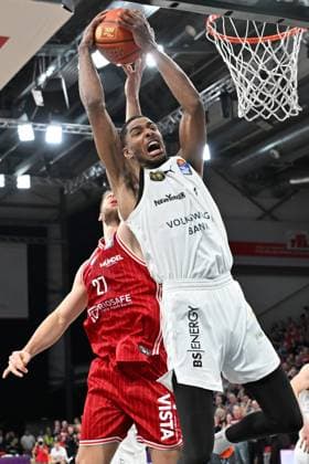 BAMBERG 06 03 2026 Basketball easycredit 1 Basketball Bundesliga 22 Matchday Bamberg Baskets vs Basketball Lions Braunschweig David NGuessan 1, Basketball Lions Braunschweig vs Moritz Krimmer 27, Bamberg Baskets Bamberg Baskets vs Basketball Lions Braunschweig