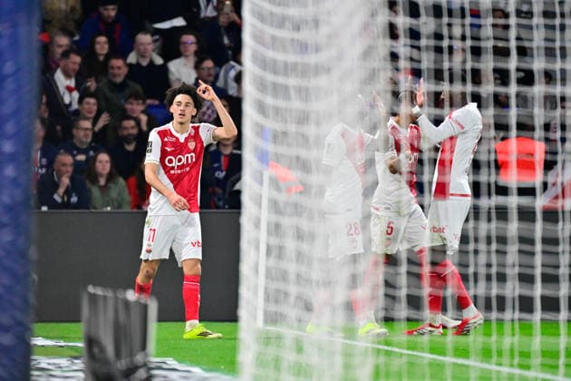 FOOTBALL : PSG vs Monaco - Ligue 1 - 06 03 2026 Maghnes Akliouche of Monaco celebrates after scoring during the Ligue 1 match between Paris Saint Germain and AS Monaco at Parc des Princes on March 06, 2026 in Paris, France. ( Photo by Federico Pestellini PsnewZ ) - ParisFrance  Copyright: xFedericoxPestelinix