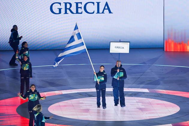 ITALY, VERONA - MARCH 6, 2026: Greece s national team, Nationalteam during the opening ceremony of 2026 Paralympic Winter games, Winterspiele,Spiele, Summer games at the Verona Arena. Mikhail Tereshchenko TASS  89668174