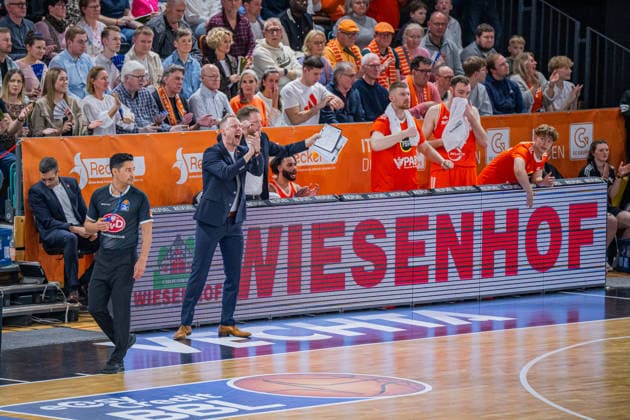 1 Basketball Bundesliga, easyCredit BBL, Season 2025 2026, Men, Main Round, 22 Matchday, 06 03 2026, RASTA Vechta Science City Jena Christian Held Head Coach RASTA Vechta shows emotions during the game Vechta RASTA Dome Lower Saxony Germany