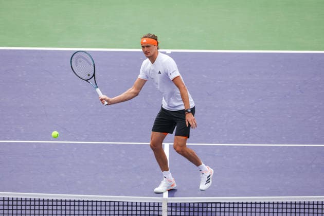 INDIAN WELLS, CA - MARCH 06: Alexander Zverev (GER) hits a volley during the BNP Paribas Open on March 6, 2026 at Indian Wells Tennis Garden in Indian Wells, CA. (Photo by George Walker Icon Sportswire) TENNIS: MAR 06 BNP Paribas Open EDITORIAL USE ONLY Icon260306002