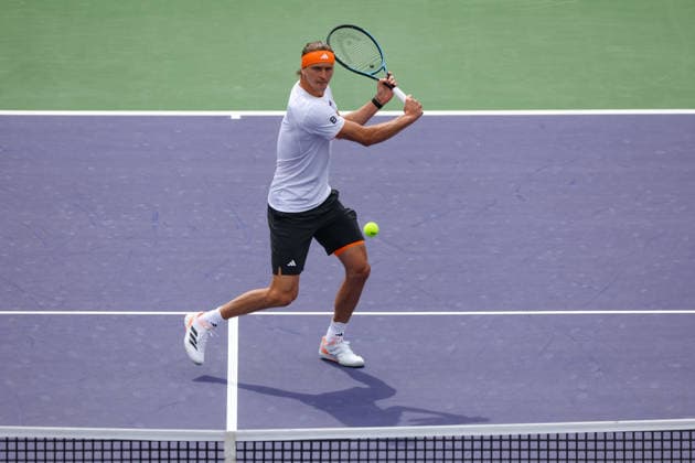 INDIAN WELLS, CA - MARCH 06: Alexander Zverev (GER) hits a volley during the BNP Paribas Open on March 6, 2026 at Indian Wells Tennis Garden in Indian Wells, CA. (Photo by George Walker Icon Sportswire) TENNIS: MAR 06 BNP Paribas Open EDITORIAL USE ONLY Icon260306001