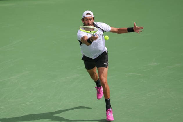 INDIAN WELLS, CA - MARCH 06: Matteo Berrettini (ITA) hits a forehand during the BNP Paribas Open on March 6, 2026 at Indian Wells Tennis Garden in Indian Wells, CA. (Photo by George Walker Icon Sportswire) TENNIS: MAR 06 BNP Paribas Open EDITORIAL USE ONLY Icon260306006