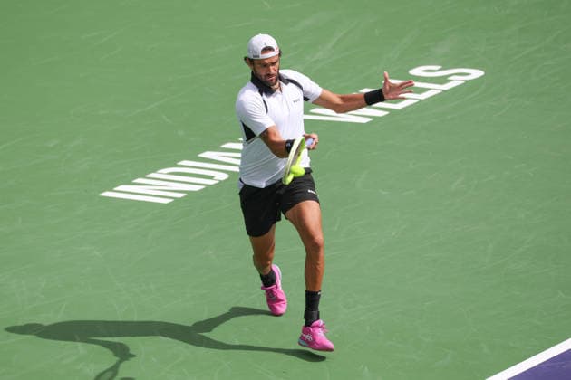 INDIAN WELLS, CA - MARCH 06: Matteo Berrettini (ITA) hits a forehand during the BNP Paribas Open on March 6, 2026 at Indian Wells Tennis Garden in Indian Wells, CA. (Photo by George Walker Icon Sportswire) TENNIS: MAR 06 BNP Paribas Open EDITORIAL USE ONLY Icon260306007