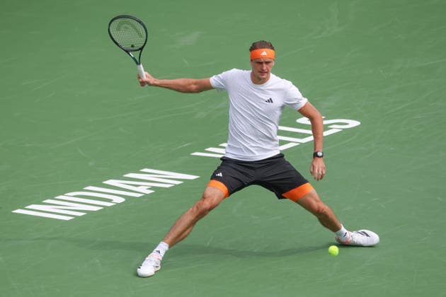 INDIAN WELLS, CA - MARCH 06: Alexander Zverev (GER) hits a forehand during the BNP Paribas Open on March 6, 2026 at Indian Wells Tennis Garden in Indian Wells, CA. (Photo by George Walker Icon Sportswire) TENNIS: MAR 06 BNP Paribas Open EDITORIAL USE ONLY Icon260306009