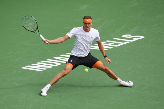 INDIAN WELLS, CA - MARCH 06: Alexander Zverev (GER) hits a forehand during the BNP Paribas Open on March 6, 2026 at Indian Wells Tennis Garden in Indian Wells, CA. (Photo by George Walker Icon Sportswire) TENNIS: MAR 06 BNP Paribas Open EDITORIAL USE ONLY Icon260306010