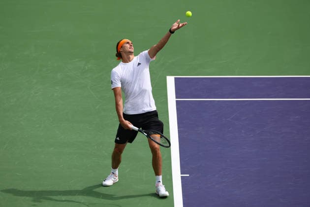INDIAN WELLS, CA - MARCH 06: Alexander Zverev (GER) serves during the BNP Paribas Open on March 6, 2026 at Indian Wells Tennis Garden in Indian Wells, CA. (Photo by George Walker Icon Sportswire) TENNIS: MAR 06 BNP Paribas Open EDITORIAL USE ONLY Icon260306012