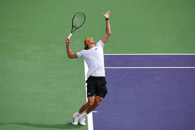 INDIAN WELLS, CA - MARCH 06: Alexander Zverev (GER) serves during the BNP Paribas Open on March 6, 2026 at Indian Wells Tennis Garden in Indian Wells, CA. (Photo by George Walker Icon Sportswire) TENNIS: MAR 06 BNP Paribas Open EDITORIAL USE ONLY Icon260306013