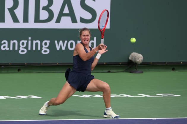 INDIAN WELLS, CA - MARCH 06: Anastasia Zakharova hits a forehand during the BNP Paribas Open on March 6, 2026 at Indian Wells Tennis Garden in Indian Wells, CA. (Photo by George Walker Icon Sportswire) TENNIS: MAR 06 BNP Paribas Open EDITORIAL USE ONLY Icon260306048