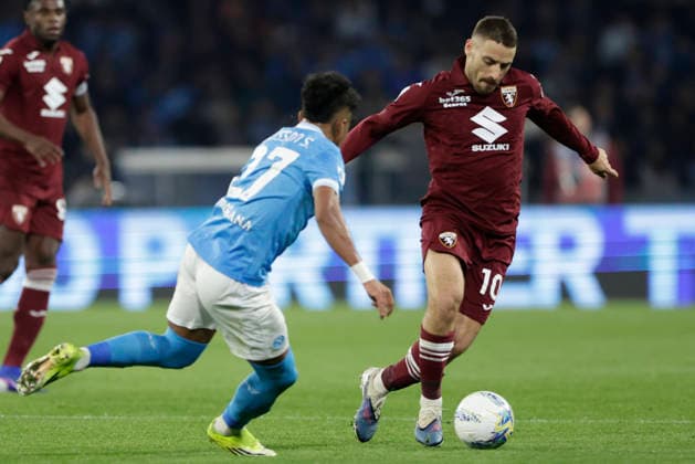 Serie a football match SSC Napoli vs Torino Torino™s Croatian midfielder Nikola Vlasic challenges for the ball with Napoli s Brazilian forward Alisson Santos during the Serie A football match between SSC Napoli and Torino at the Diego Armando Maradona Stadium in Naples on March 06, 2026. _BPH0358 Copyright: xAntonioxBalascox