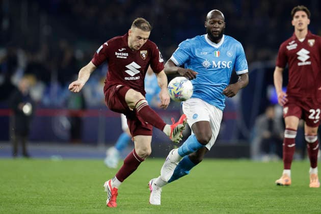 Serie a football match SSC Napoli vs Torino Torino s Albanian defender Ardian Ismajli challenges for the ball with Napoli s Belgian forward Romelu Lukaku during the Serie A football match between SSC Napoli and Torino at the Diego Armando Maradona Stadium in Naples on March 06, 2026. _BPH1391 Copyright: xAntonioxBalascox