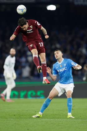 Serie a football match SSC Napoli vs Torino Torino s Croatian forward Sandro Kulenovic challenges for the ball with Napoli s Italian defender Alessandro Buongiorno during the Serie A football match between SSC Napoli and Torino at the Diego Armando Maradona Stadium in Naples on March 06, 2026. _BPH1495 Copyright: xAntonioxBalascox