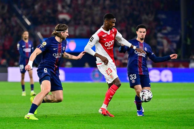 FOOTBALL : PSG vs Monaco - Ligue 1 - 06 03 2026 Illia Zabarnyi of Paris Saint Germain , Aladji Bamba of Monaco and Warren ZAIRE EMERY of Paris Saint Germain during the Ligue 1 match between Paris Saint Germain and AS Monaco at Parc des Princes on March 06, 2026 in Paris, France. ( Photo by Federico Pestellini PsnewZ ) - ParisFrance  Copyright: xFedericoxPestelinix