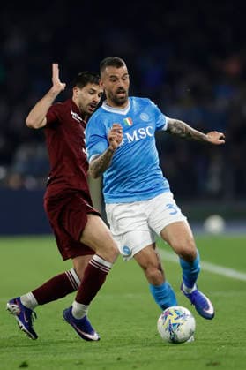 Serie a football match SSC Napoli vs Torino Torino s Argentinian forward Giovanni Simeone challenges for the ball with Napoli s Italian defender Leonardo Spinazzola during the Serie A football match between SSC Napoli and Torino at the Diego Armando Maradona Stadium in Naples on March 06, 2026. _BPH9947 Copyright: xAntonioxBalascox