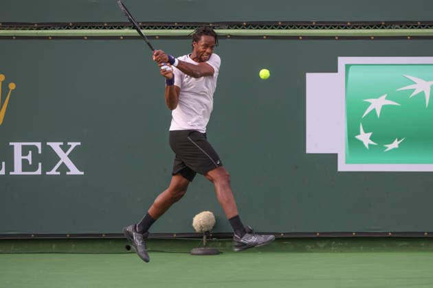 INDIAN WELLS, CA - MARCH 06: Gael Monfils (FRA) hits a backhand during the BNP Paribas Open on March 6, 2026 at Indian Wells Tennis Garden in Indian Wells, CA. (Photo by George Walker Icon Sportswire) TENNIS: MAR 06 BNP Paribas Open EDITORIAL USE ONLY Icon260306061