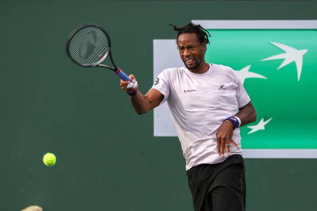INDIAN WELLS, CA - MARCH 06: Gael Monfils (FRA) hits a forehand during the BNP Paribas Open on March 6, 2026 at Indian Wells Tennis Garden in Indian Wells, CA. (Photo by George Walker Icon Sportswire) TENNIS: MAR 06 BNP Paribas Open EDITORIAL USE ONLY Icon260306065