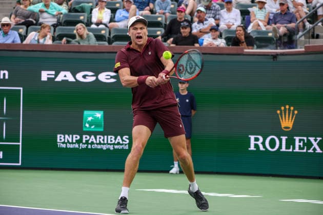 INDIAN WELLS, CA - MARCH 06: Jenson Brooksby (USA) hits a backhand during the BNP Paribas Open on March 6, 2026 at Indian Wells Tennis Garden in Indian Wells, CA. (Photo by George Walker Icon Sportswire) TENNIS: MAR 06 BNP Paribas Open EDITORIAL USE ONLY Icon260306093