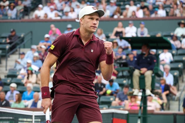 INDIAN WELLS, CA - MARCH 06: Jenson Brooksby (USA) reacts to a point during the BNP Paribas Open on March 6, 2026 at Indian Wells Tennis Garden in Indian Wells, CA. (Photo by George Walker Icon Sportswire) TENNIS: MAR 06 BNP Paribas Open EDITORIAL USE ONLY Icon260306094
