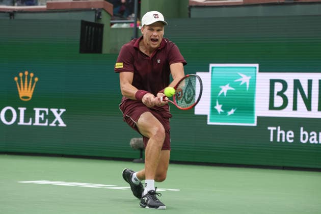 INDIAN WELLS, CA - MARCH 06: Jenson Brooksby (USA) hits a backhand during the BNP Paribas Open on March 6, 2026 at Indian Wells Tennis Garden in Indian Wells, CA. (Photo by George Walker Icon Sportswire) TENNIS: MAR 06 BNP Paribas Open EDITORIAL USE ONLY Icon260306095