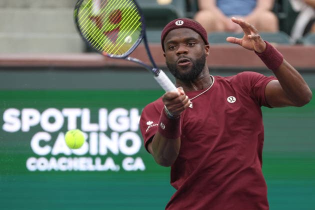 INDIAN WELLS, CA - MARCH 06: Frances Tiafoe (USA) hits a forehand during the BNP Paribas Open on March 6, 2026 at Indian Wells Tennis Garden in Indian Wells, CA. (Photo by George Walker Icon Sportswire) TENNIS: MAR 06 BNP Paribas Open EDITORIAL USE ONLY Icon260306098