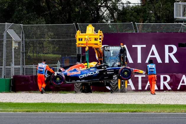 MELBOURNE Formula 1 driver Max Verstappen of Oracle Red Bull Racing crashes his car at Turn 1 during Formula 1 Melbourne free practice and qualifying at Albert Park on March 7, 2025 in Melbourne, Australia Photo by DeFodi Images