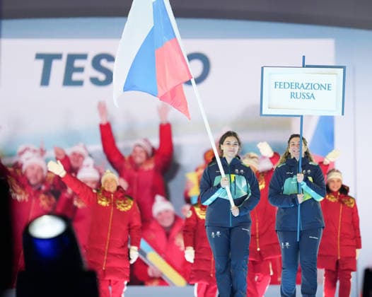 (260307) -- VERONA, March 7, 2026 -- Members of the delegation of Russia parade during the opening ceremony of Milan-Cortina 2026 Paralympic Winter games, Winterspiele,Spiele, Summer games at Verona Olympic Arena in Verona, Italy, March 6, 2026. ) (SP)ITALY-VERONA-PARALYMPIC WINTER GAMES-OPENING CEREMONY LixJing 