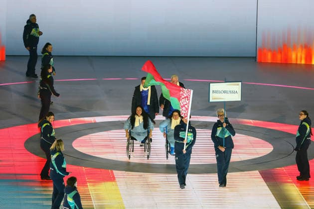 March 6, 2026, Verona, Veneto, Italy: Athletes of Team BELARUS during the Parade of Nations at the Opening Ceremony of the Milano Cortina 2026 Winter Paralympic Games at the Arena di Verona. Verona Italy - ZUMAc179 20260306_zep_c179_048 Copyright: xMickaelxChavetx