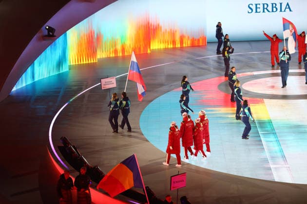 March 6, 2026, Verona, Veneto, Italy: Athletes of Russia of whom flag bearers ANASTASIIA BAGIIAN and ALEKSEI BUGAEV during the Parade of Nations at the Opening Ceremony of the Milano Cortina 2026 Winter Paralympic Games at the Arena di Verona. Verona Italy - ZUMAc179 20260306_zep_c179_076 Copyright: xMickaelxChavetx