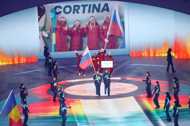 March 6, 2026, Verona, Veneto, Italy: Athletes of Russia of whom flag bearers ANASTASIIA BAGIIAN and ALEKSEI BUGAEV during the Parade of Nations at the Opening Ceremony of the Milano Cortina 2026 Winter Paralympic Games at the Arena di Verona. Verona Italy - ZUMAc179 20260306_zep_c179_100 Copyright: xMickaelxChavetx