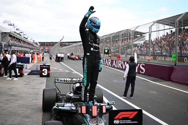2026 AUSTRALIAN F1 GRAND PRIX, George Russell of Mercedes celebrates taking pole position following Qualifying as part of the 2026 Australian Grand Prix at Albert Park Circuit in Melbourne, Saturday, March 7, 2026. ( NO ARCHIVING, EDITORIAL USE ONLY MELBOURNE VICTORIA AUSTRALIA  Copyright: xJOELxCARRETTx 20260307113219651155