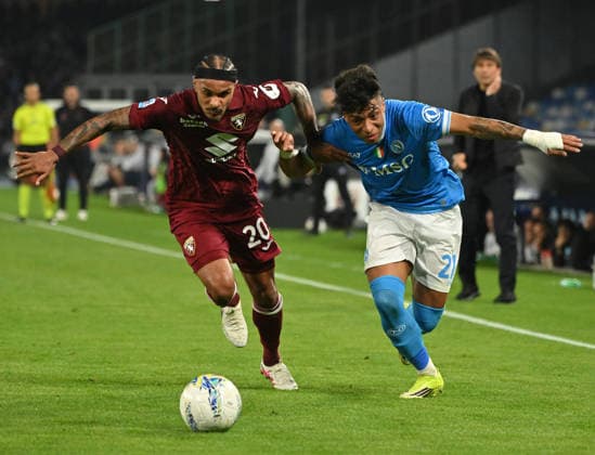 (260307) -- NAPLES, March 7, 2026 -- Napoli s Santos Alisson (R) vies with Torino s Valentino Lazaro during a Serie A football match between Napoli and Torino in Naples, Italy, March 6, 2026. (Photo by Xinhua) (SP)ITALY-NAPLES-FOOTBALL-SERIE A-NAPOLI VS TORINO AlbertoxLingria 