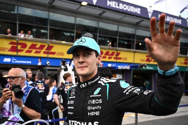 2026 AUSTRALIAN F1 GRAND PRIX, George Russell of Mercedes celebrates taking pole position following Qualifying as part of the 2026 Australian Grand Prix at Albert Park Circuit in Melbourne, Saturday, March 7, 2026. ( NO ARCHIVING, EDITORIAL USE ONLY MELBOURNE VICTORIA AUSTRALIA  Copyright: xJOELxCARRETTx 20260307143408854559