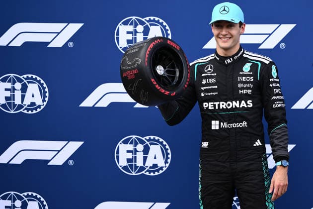 2026 AUSTRALIAN F1 GRAND PRIX, George Russell of Mercedes celebrates following Qualifying as part of the 2026 Australian Grand Prix at Albert Park Circuit in Melbourne, Saturday, March 7, 2026. ( NO ARCHIVING, EDITORIAL USE ONLY MELBOURNE VICTORIA AUSTRALIA  Copyright: xJOELxCARRETTx 20260307136418779351