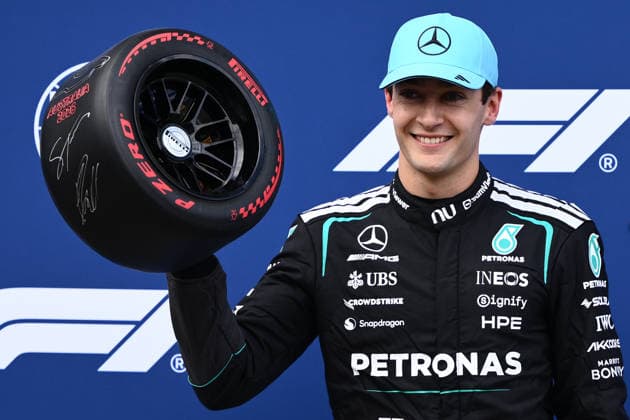 2026 AUSTRALIAN F1 GRAND PRIX, George Russell of Mercedes celebrates following Qualifying as part of the 2026 Australian Grand Prix at Albert Park Circuit in Melbourne, Saturday, March 7, 2026. ( NO ARCHIVING, EDITORIAL USE ONLY MELBOURNE VICTORIA AUSTRALIA  Copyright: xJOELxCARRETTx 20260307141308815254