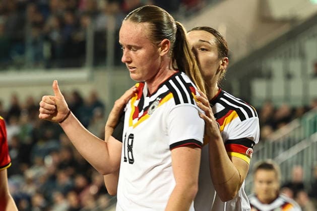 Germany U23 womens international match, Germany vs Belgium at the Lohrheidestadion in Bochum Wattenscheid, 06 03 2026 Luca Birkholz Germany U23,18 and Sophie Weidauer Germany U23,9 Emotion and facial expressions Copyright: xSümeyyexAkcöltekinx
