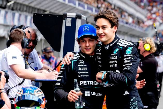 MELBOURNE Formula 1 driver Kimi Antonelli of Mercedes AMG Petronas Formula One Team, Formula 1 driver George Russell of Mercedes AMG Petronas Formula One Team during the Formula 1 Melbourne free practice and qualifying at Albert Park on March 7, 2025 in Melbourne, Australia Photo by DeFodi Images